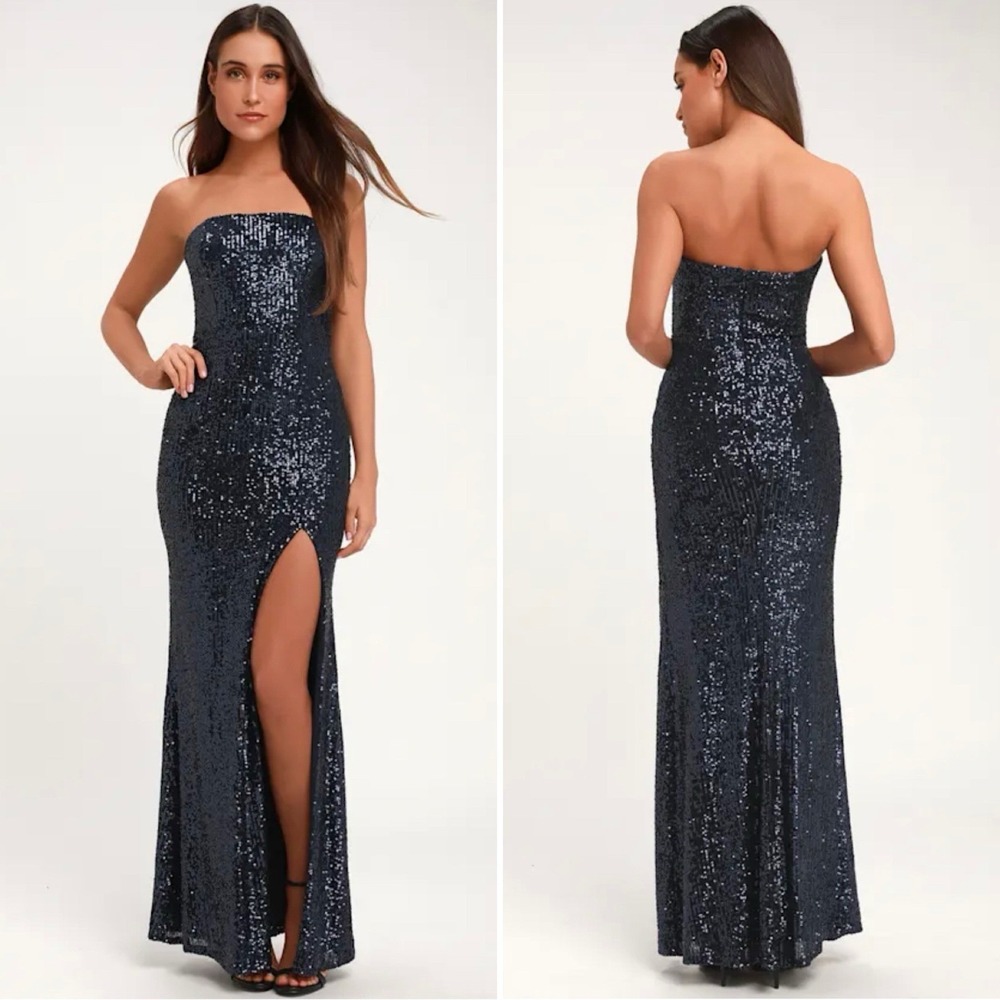 Lulus Navy Blue Strapless Sequin Maxi Dress Medium Sexy evening formal gown